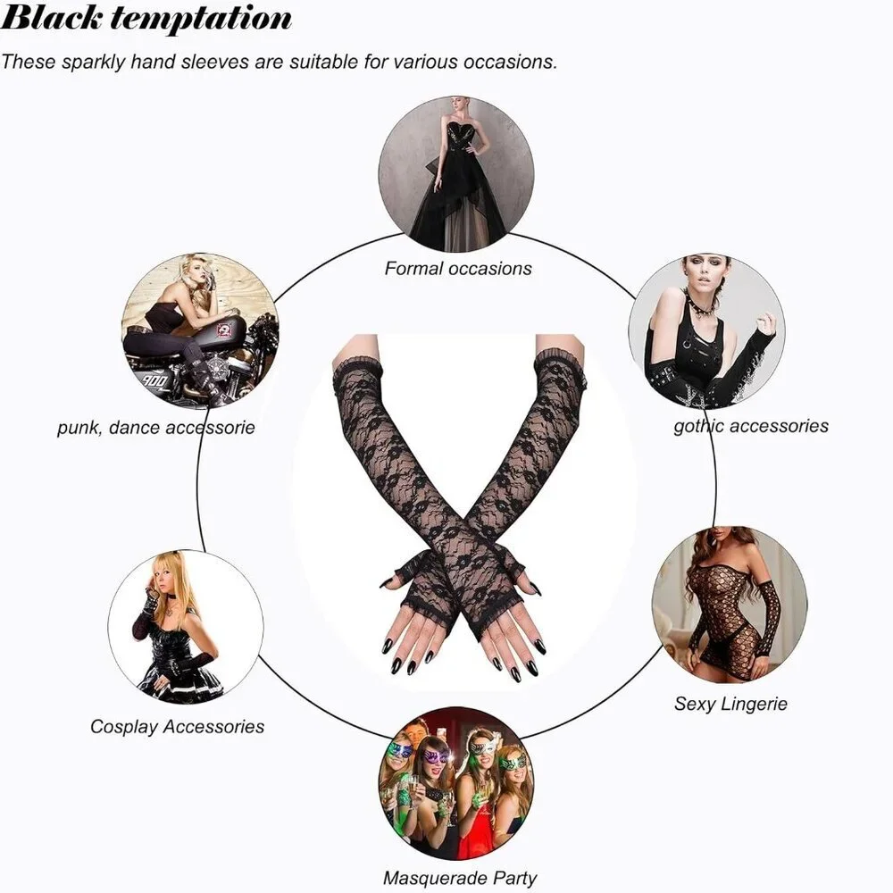 Women's Halloween Black 3 Dress Fingerless Spider Gothic Playing Lace Gloves